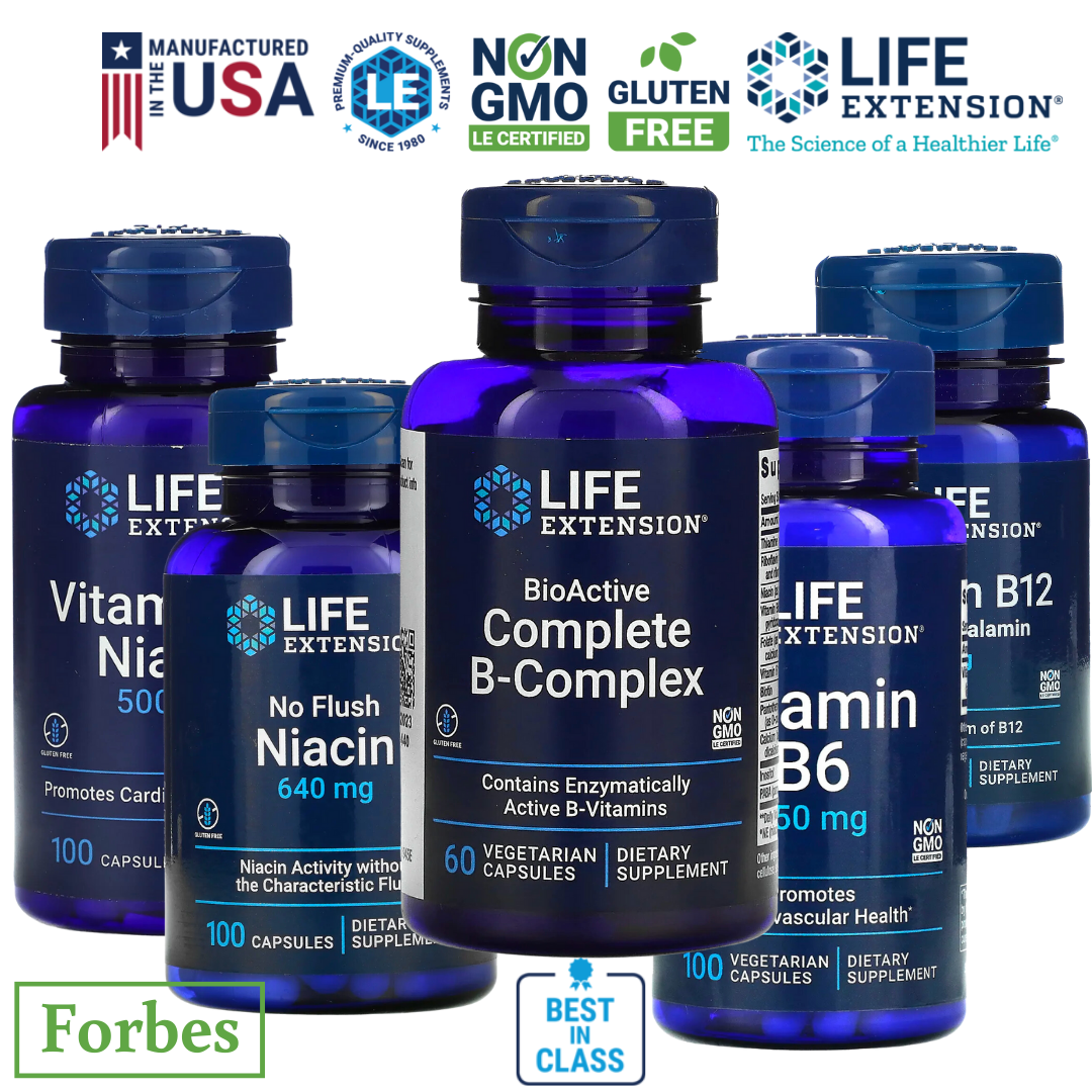 Life Extension BioActive B6 B12 Complete B-Complex B3 Niacin No Flush BioActive Folate & Vitamin B12 60/90 Vegetarian Capsules