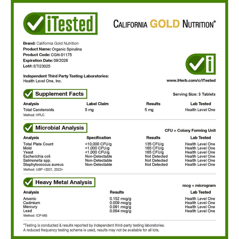 California Gold Nutrition Organic Spirulina USDA Organic 500 mg 60 Tablets