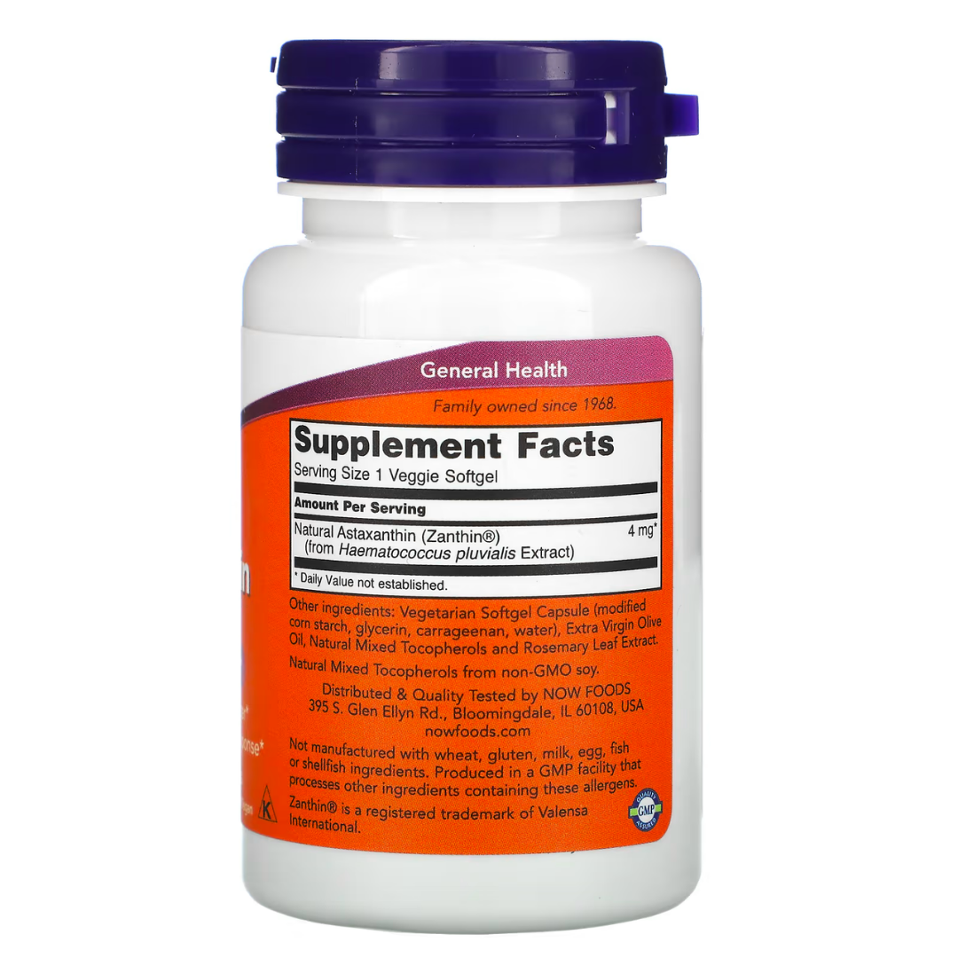 NOW Foods Astaxanthin 4mg 60 Veg Softgels – Antioxidant Support for Skin Eyes & Immune Health
