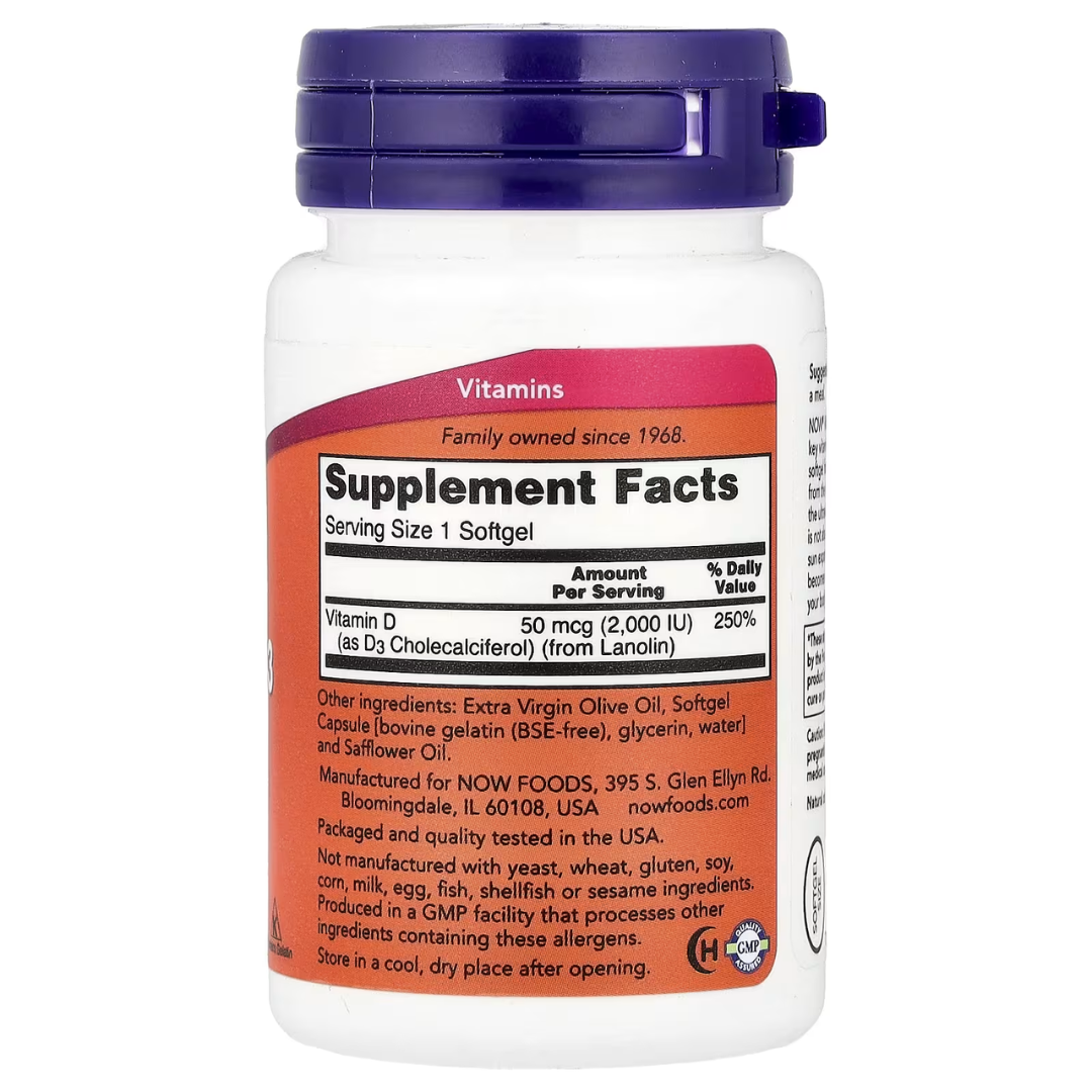 NOW Foods Vitamin D-3 400 1000 2000 5000 10000 50000 IU – Bone & Immune Support Softgels 30s to 240s D3