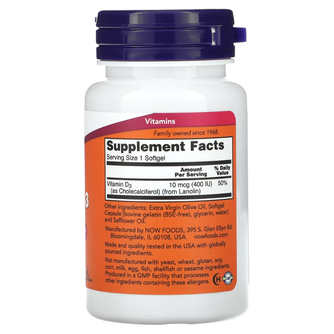 NOW Foods Vitamin D-3 400 1000 2000 5000 10000 50000 IU – Bone & Immune Support Softgels 30s to 240s D3