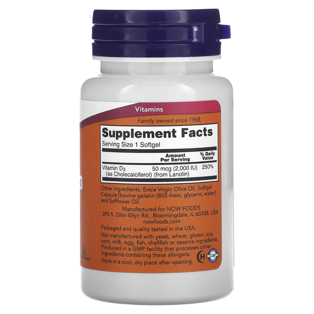 NOW Foods Vitamin D-3 400 1000 2000 5000 10000 50000 IU – Bone & Immune Support Softgels 30s to 240s D3