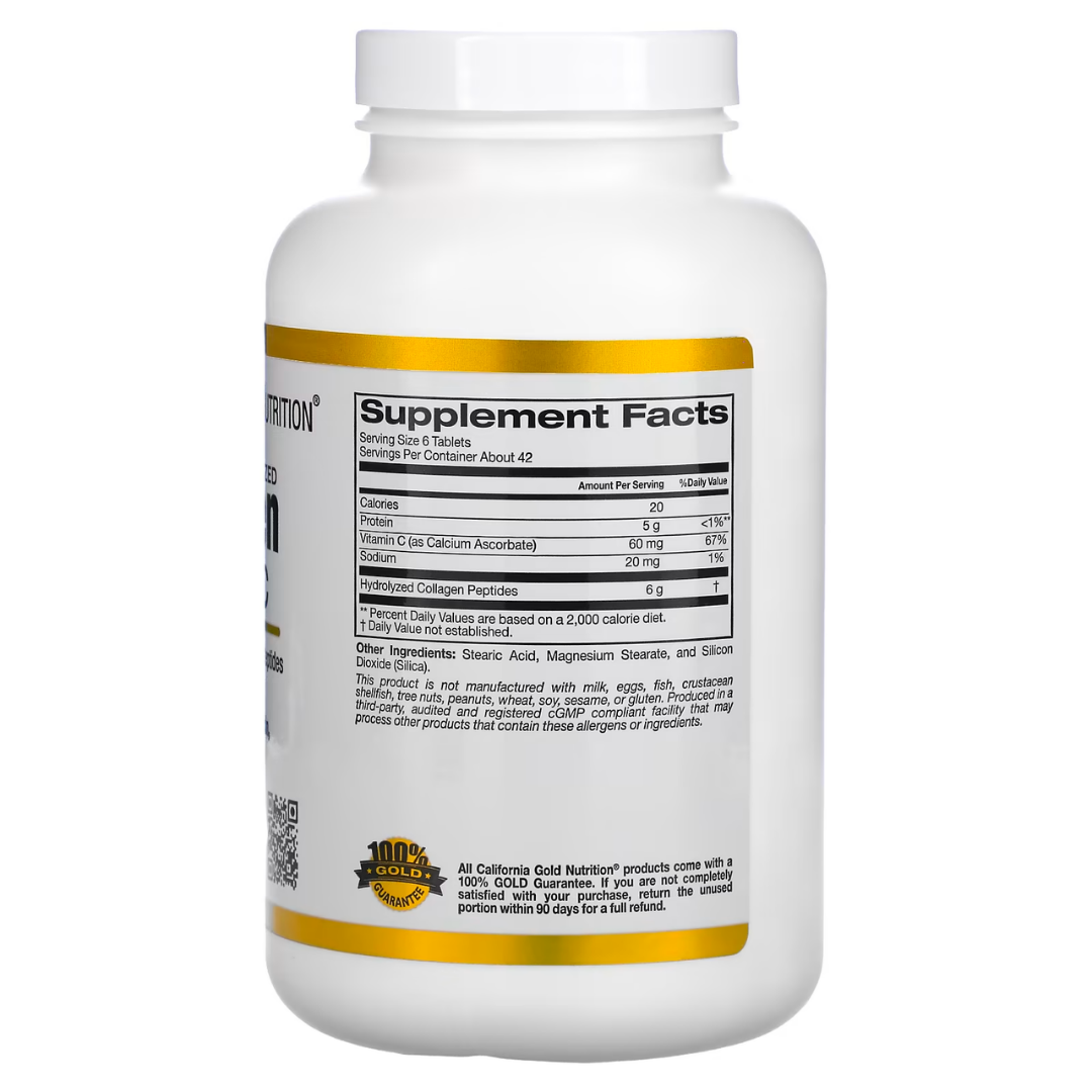 California Gold Nutrition Hydrolyzed Collagen Peptides + Vitamin C Type I & III 250 Tablets