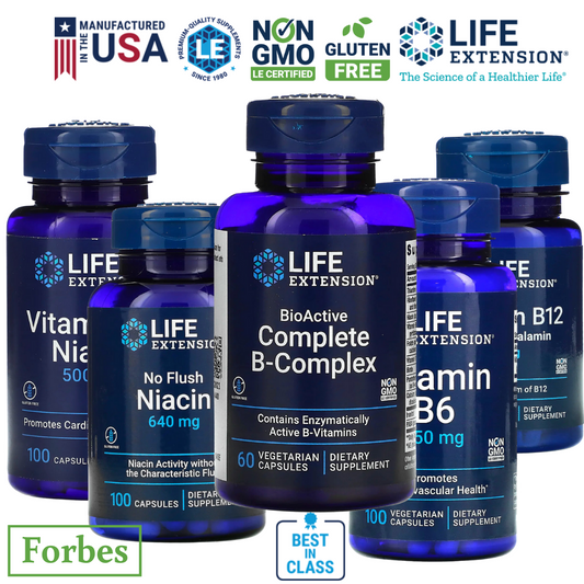 Life Extension BioActive B6 B12 Complete B-Complex B3 Niacin No Flush BioActive Folate & Vitamin B12 60/90 Vegetarian Capsules