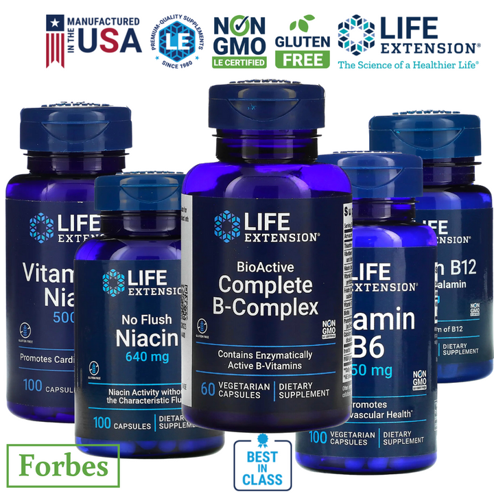 Life Extension BioActive B6 B12 Complete B-Complex B3 Niacin No Flush BioActive Folate & Vitamin B12 60/90 Vegetarian Capsules