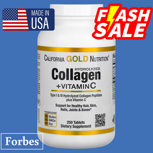 California Gold Nutrition Hydrolyzed Collagen Peptides + Vitamin C Type I & III 250 Tablets
