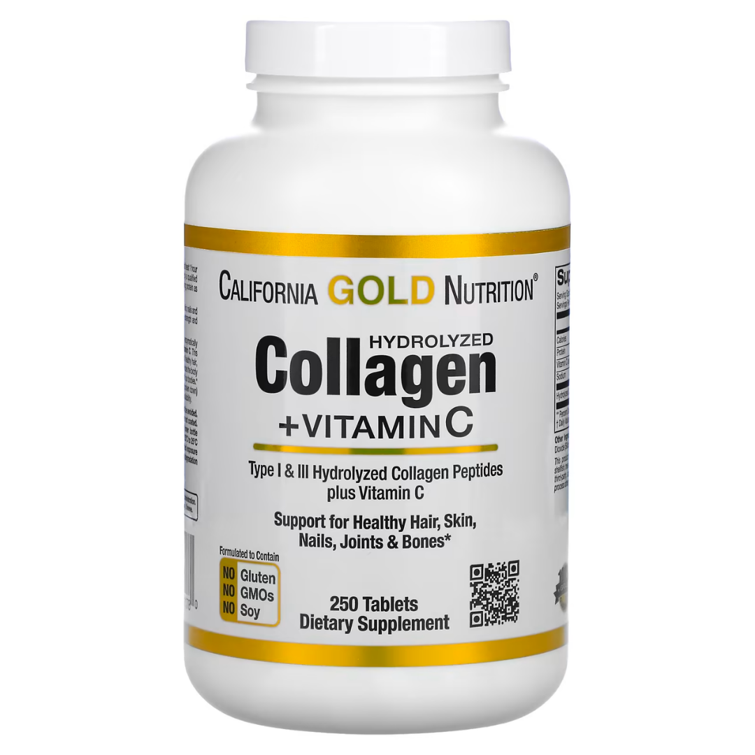 California Gold Nutrition Hydrolyzed Collagen Peptides + Vitamin C Type I & III 250 Tablets