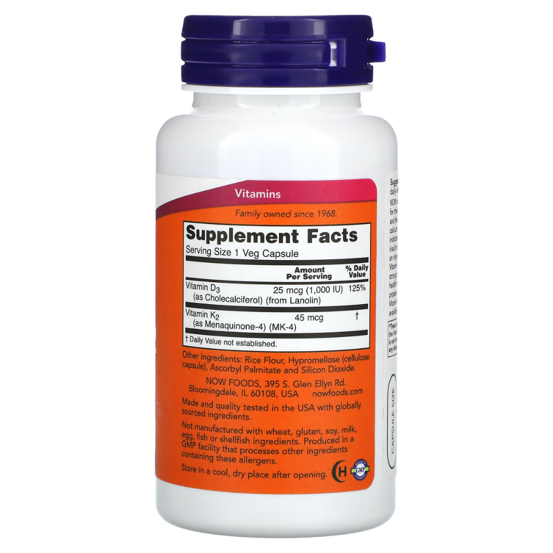 NOW FOODS Vitamin D-3 & K-2 120 Capsules – Bone Heart & Immune Health Support Supplement