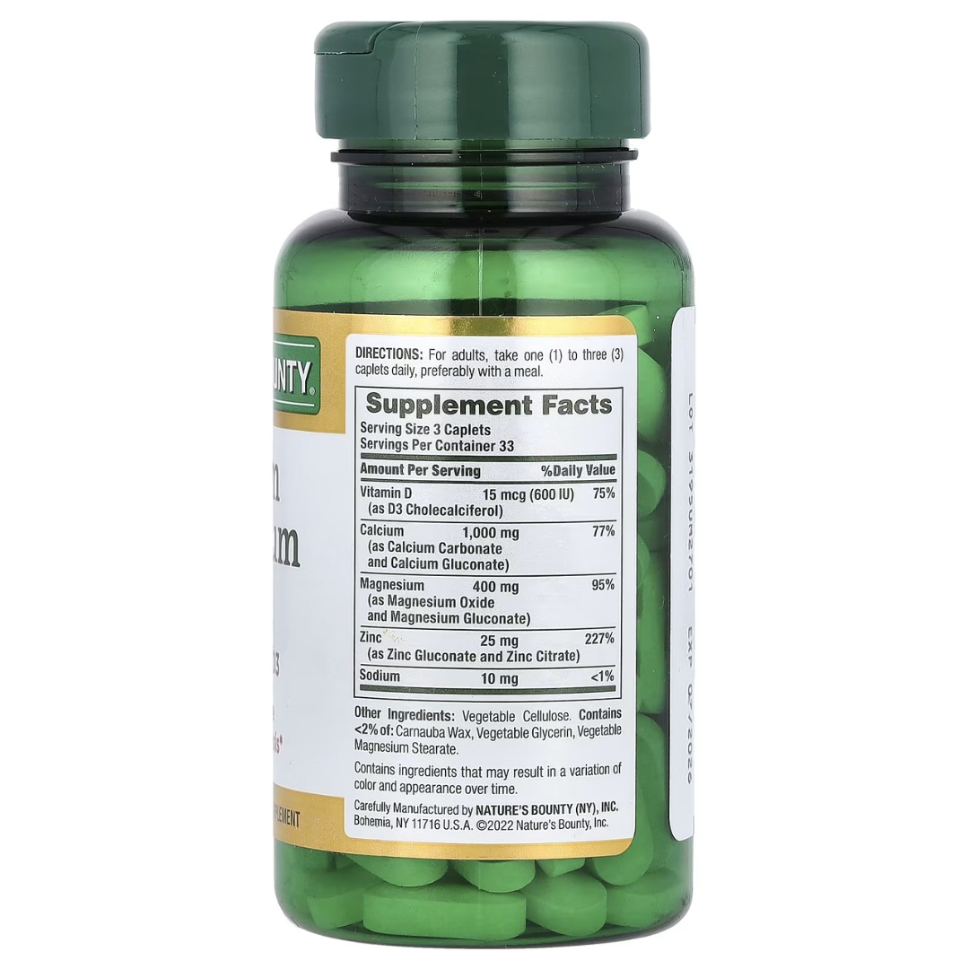 NATURE'S BOUNTY Calcium Magnesium Zinc + D3 100 Caplets for Bone & Immune Health Support