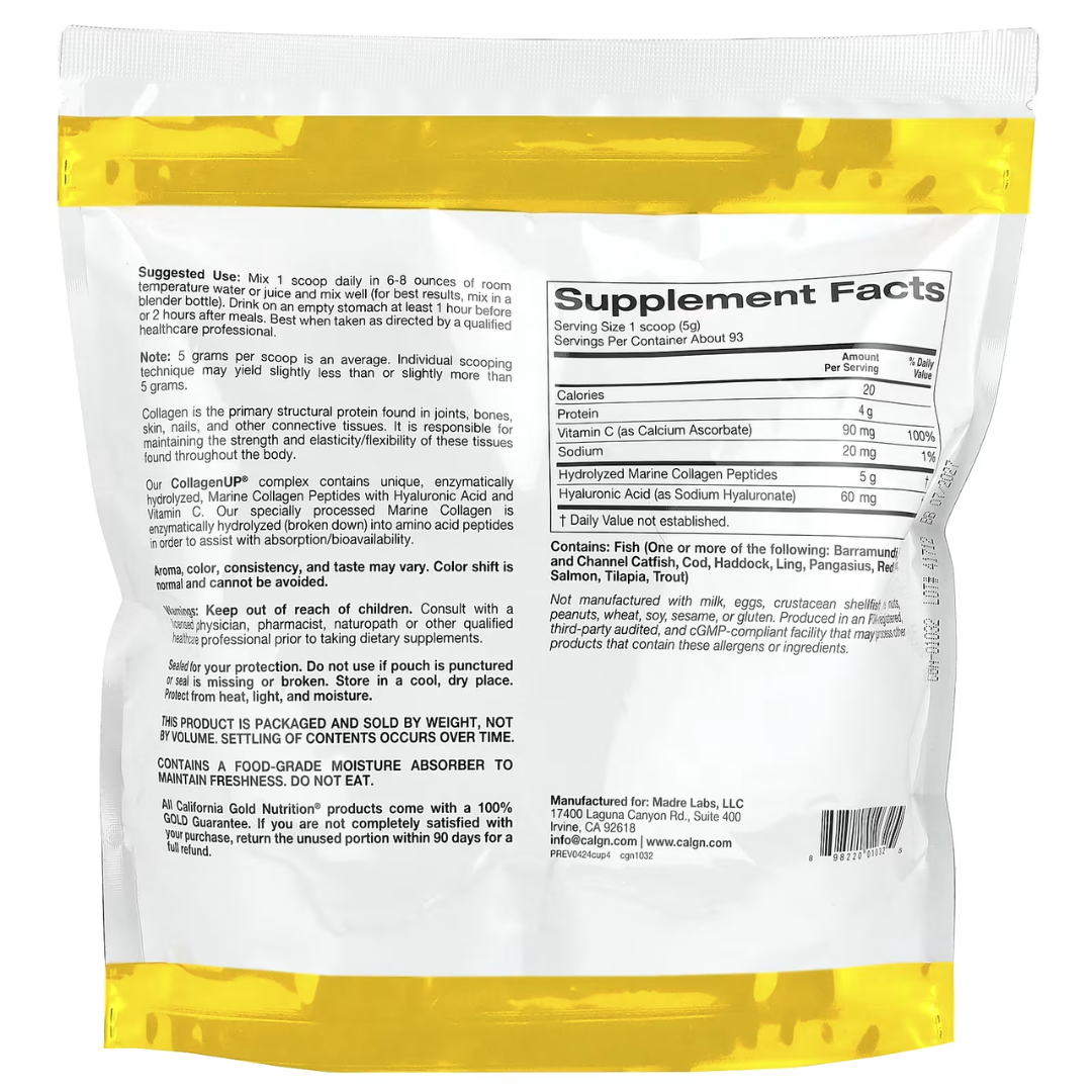 California Gold Nutrition CollagenUP Marine Hydrolyzed Collagen + Hyaluronic Acid + Vitamin C Unflavored 7.26 oz (206 g) California Gold Nutrition Hydrolyzed Marine Collagen Peptides Unflavored 7.05 oz (200 g) Road Matcha Collagen 8 ox (227 g)