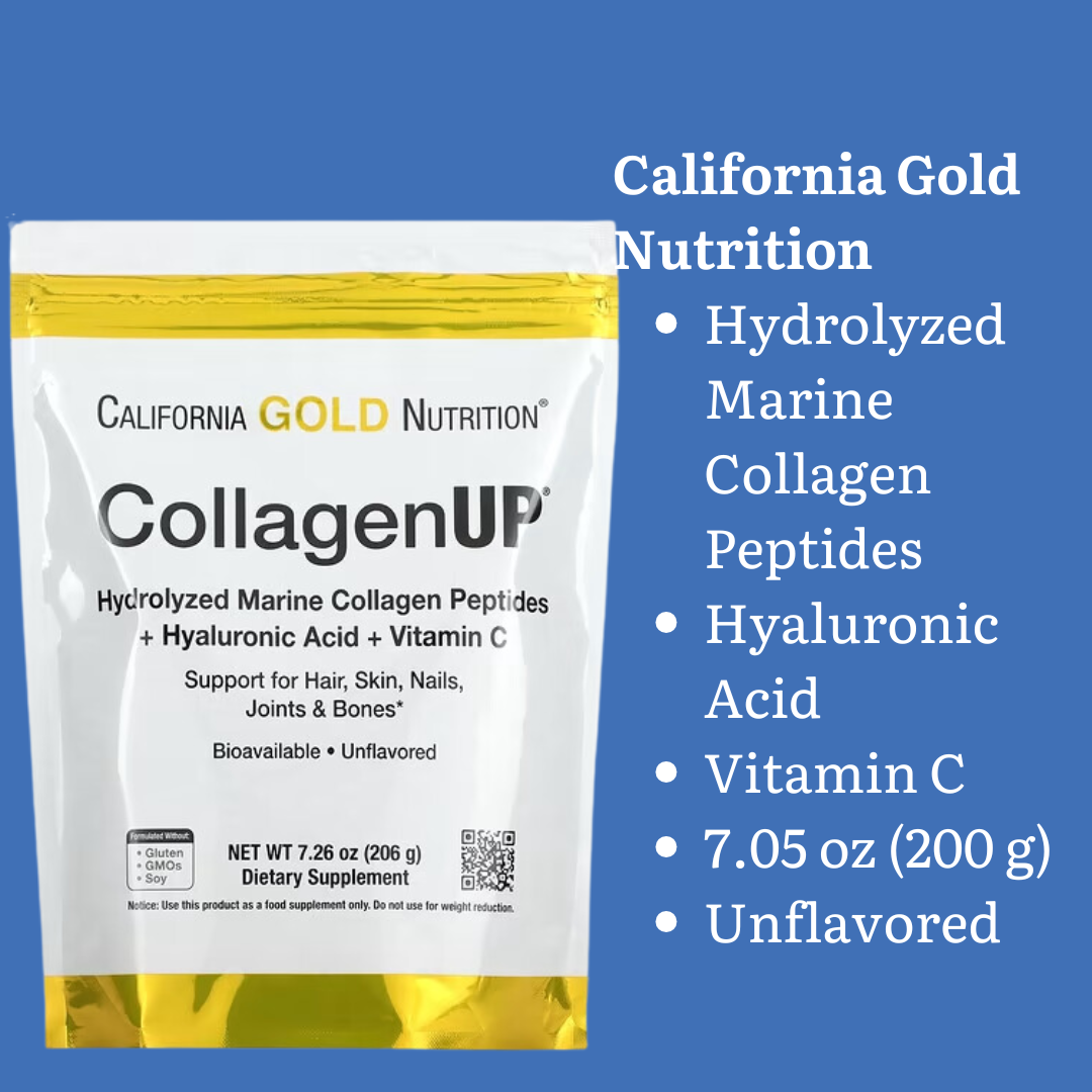 California Gold Nutrition CollagenUP Marine Hydrolyzed Collagen + Hyaluronic Acid + Vitamin C Unflavored 7.26 oz (206 g) California Gold Nutrition Hydrolyzed Marine Collagen Peptides Unflavored 7.05 oz (200 g) Road Matcha Collagen 8 ox (227 g)