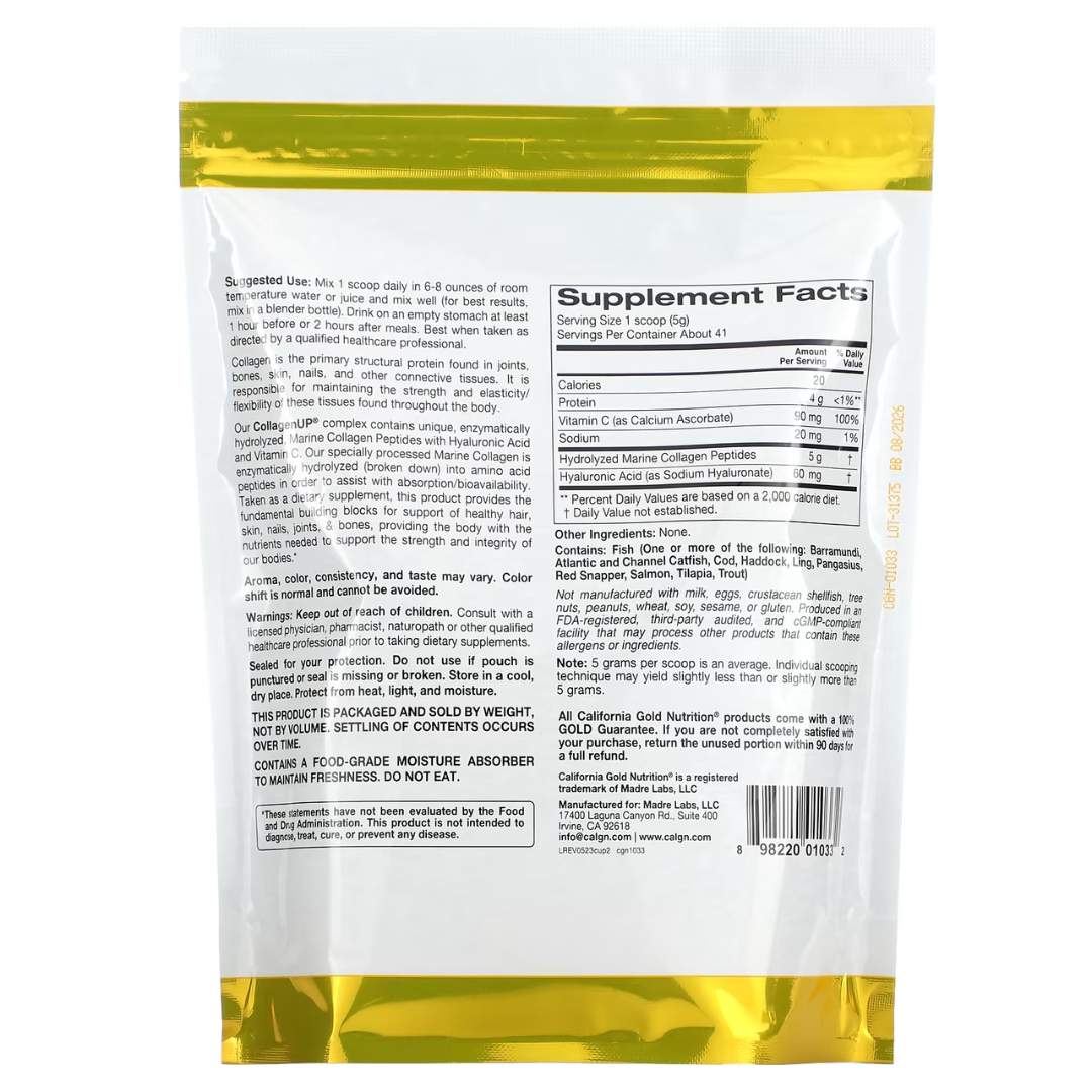 California Gold Nutrition CollagenUP Marine Hydrolyzed Collagen + Hyaluronic Acid + Vitamin C Unflavored 7.26 oz (206 g) California Gold Nutrition Hydrolyzed Marine Collagen Peptides Unflavored 7.05 oz (200 g) Road Matcha Collagen 8 ox (227 g)