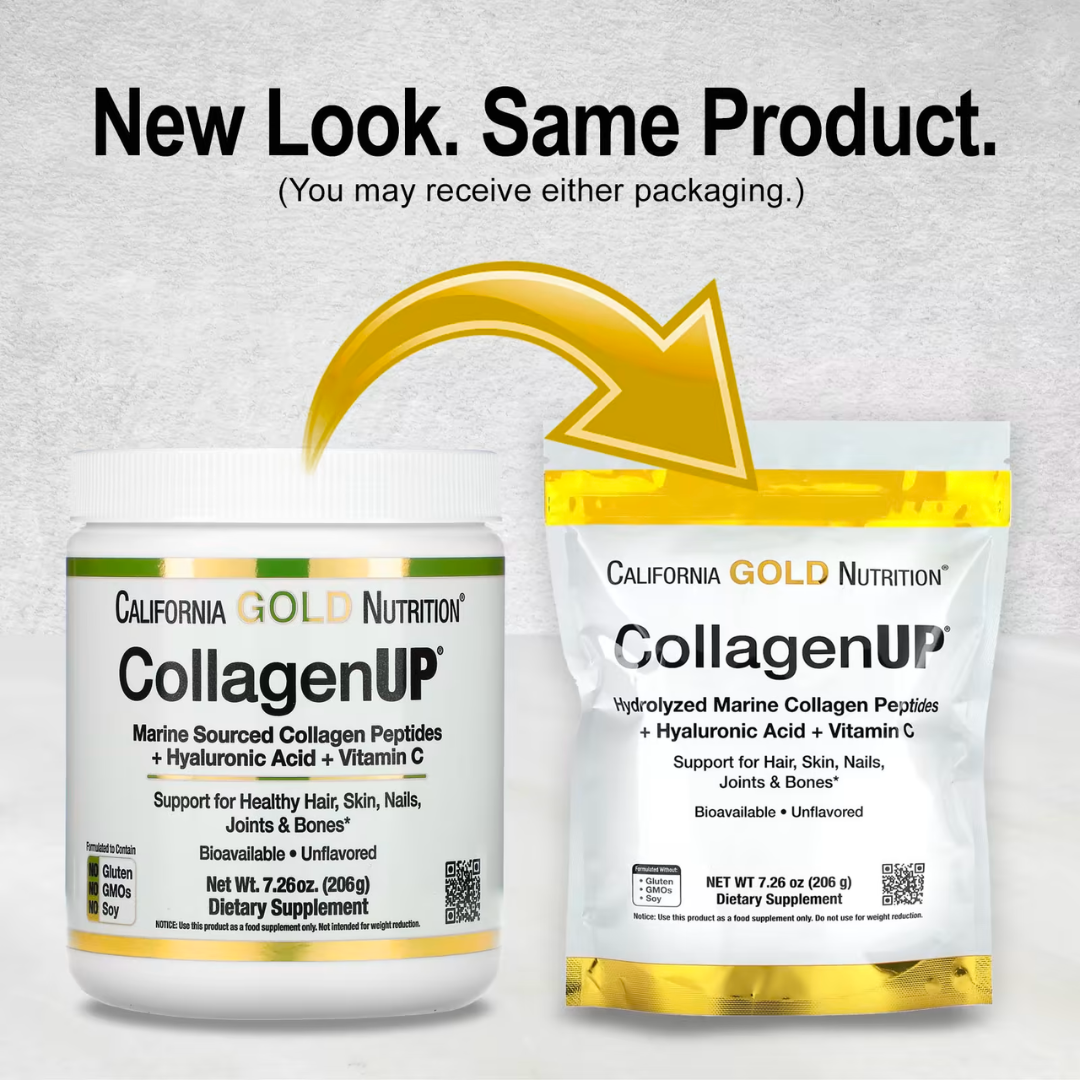 California Gold Nutrition CollagenUP Marine Hydrolyzed Collagen + Hyaluronic Acid + Vitamin C Unflavored 7.26 oz (206 g) California Gold Nutrition Hydrolyzed Marine Collagen Peptides Unflavored 7.05 oz (200 g) Road Matcha Collagen 8 ox (227 g)