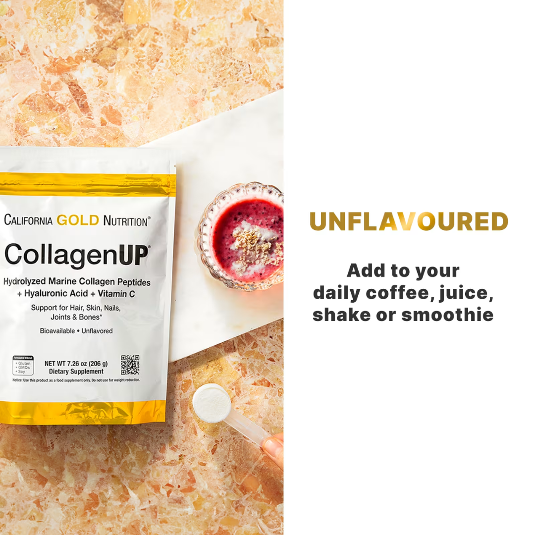 California Gold Nutrition CollagenUP Marine Hydrolyzed Collagen + Hyaluronic Acid + Vitamin C Unflavored 7.26 oz (206 g) California Gold Nutrition Hydrolyzed Marine Collagen Peptides Unflavored 7.05 oz (200 g) Road Matcha Collagen 8 ox (227 g)