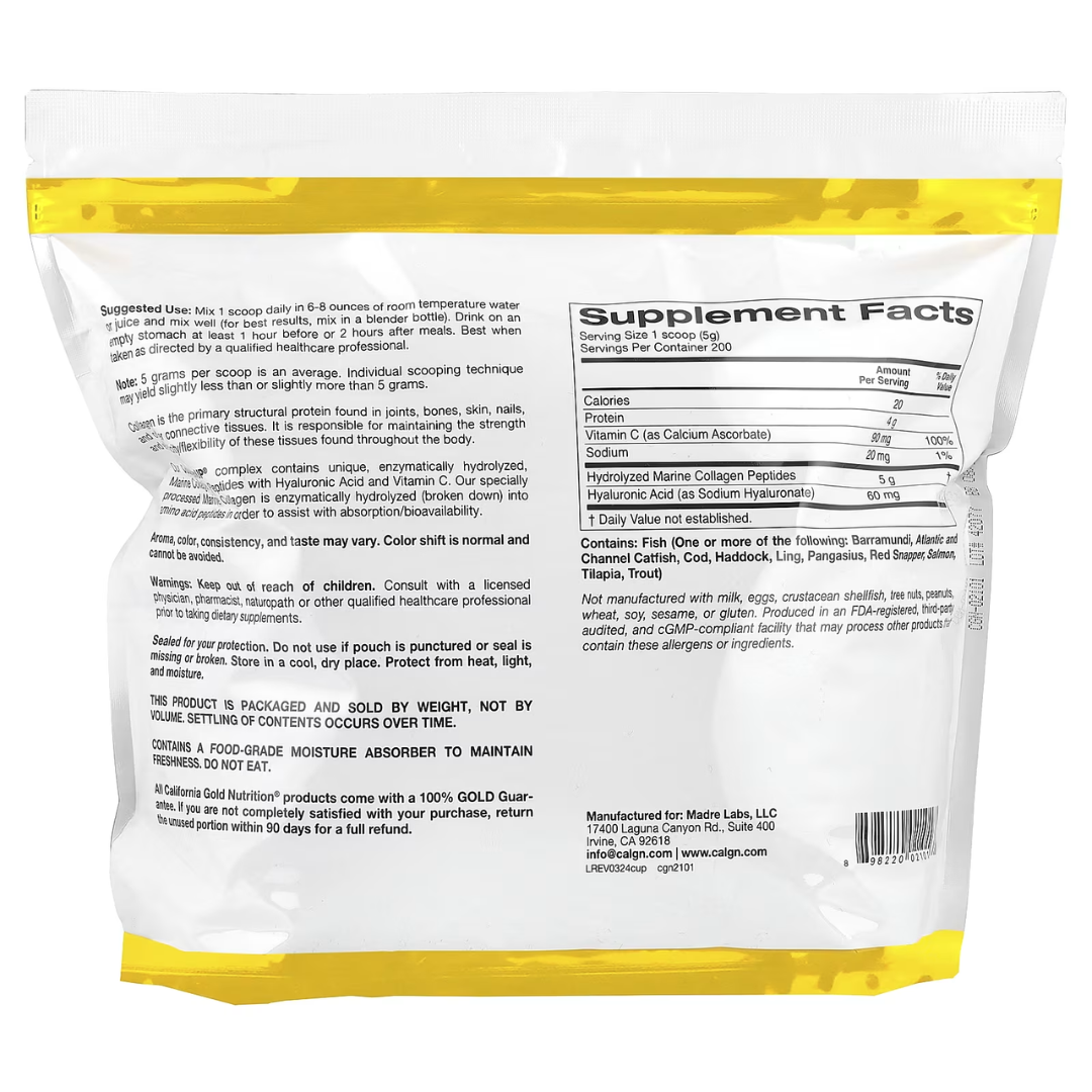 California Gold Nutrition CollagenUP Marine Hydrolyzed Collagen + Hyaluronic Acid + Vitamin C Unflavored 7.26 oz (206 g) California Gold Nutrition Hydrolyzed Marine Collagen Peptides Unflavored 7.05 oz (200 g) Road Matcha Collagen 8 ox (227 g)