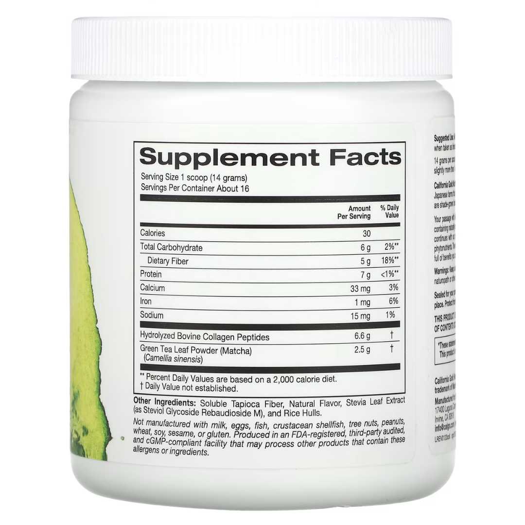 California Gold Nutrition CollagenUP Marine Hydrolyzed Collagen + Hyaluronic Acid + Vitamin C Unflavored 7.26 oz (206 g) California Gold Nutrition Hydrolyzed Marine Collagen Peptides Unflavored 7.05 oz (200 g) Road Matcha Collagen 8 ox (227 g)