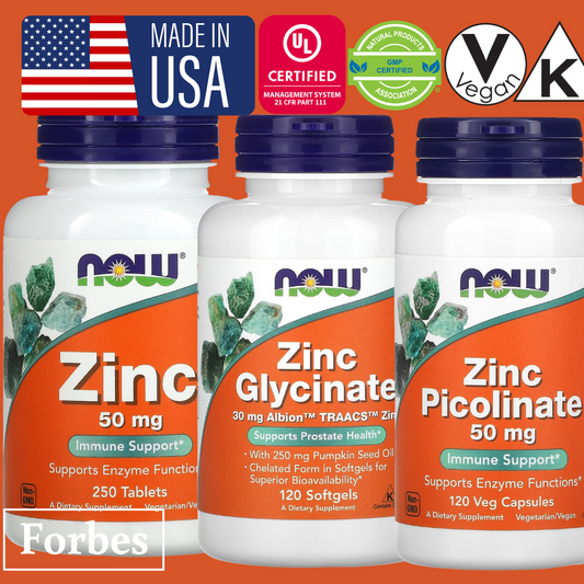 Now Foods Zinc Glycinate Zinc Picolinate 50 mg 250 Tablets / 120 Veg Capsules / Softgels