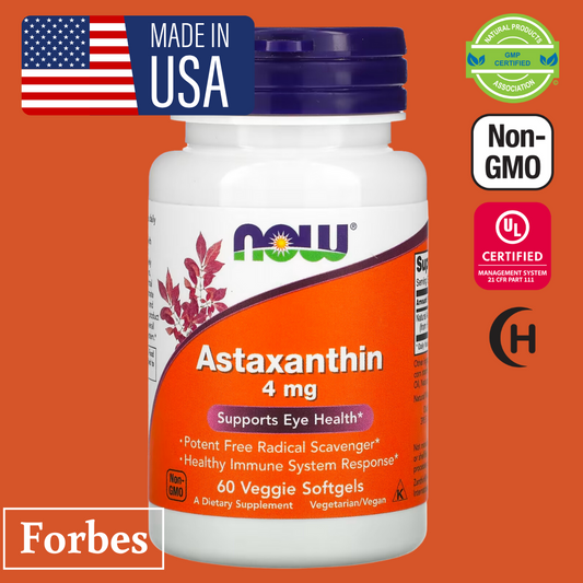NOW Foods Astaxanthin 4mg 60 Veg Softgels – Antioxidant Support for Skin Eyes & Immune Health