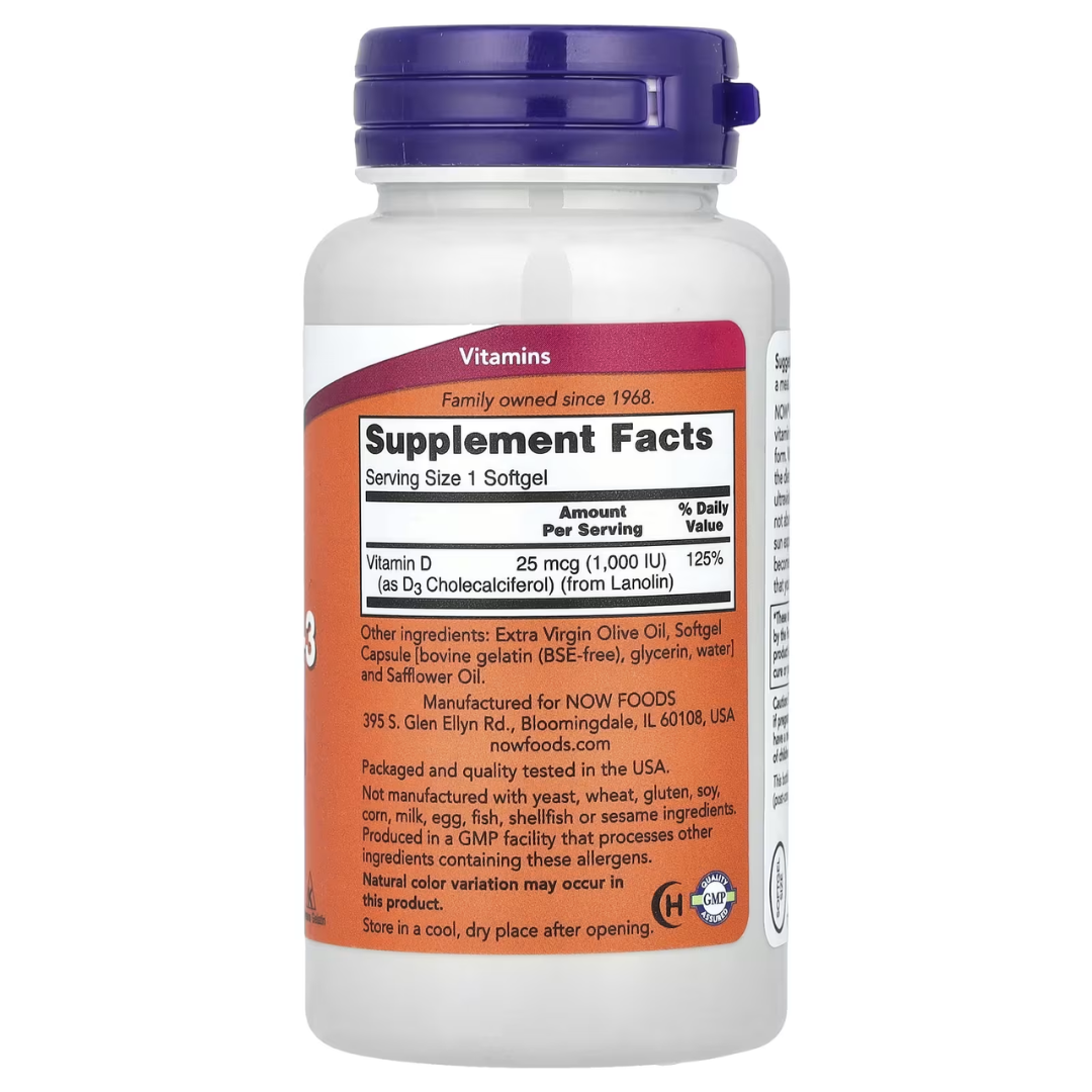 NOW Foods Vitamin D-3 400 1000 2000 5000 10000 50000 IU – Bone & Immune Support Softgels 30s to 240s