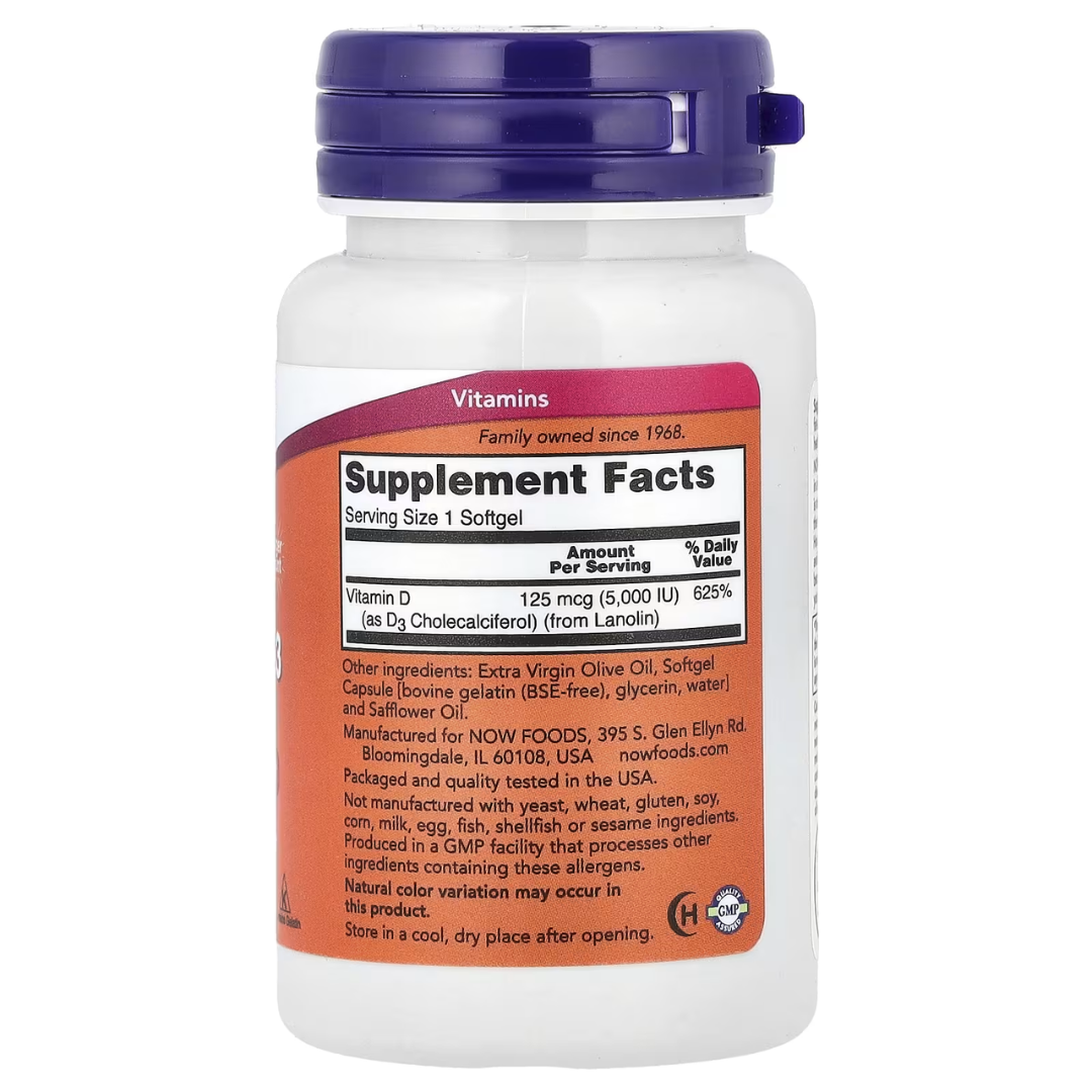 NOW Foods Vitamin D-3 400 1000 2000 5000 10000 50000 IU – Bone & Immune Support Softgels 30s to 240s D3