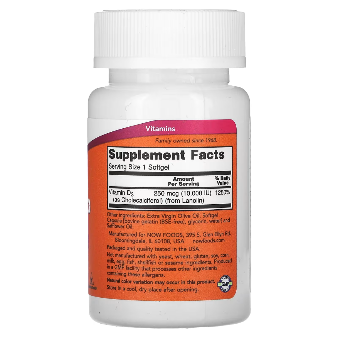 NOW Foods Vitamin D-3 400 1000 2000 5000 10000 50000 IU – Bone & Immune Support Softgels 30s to 240s D3