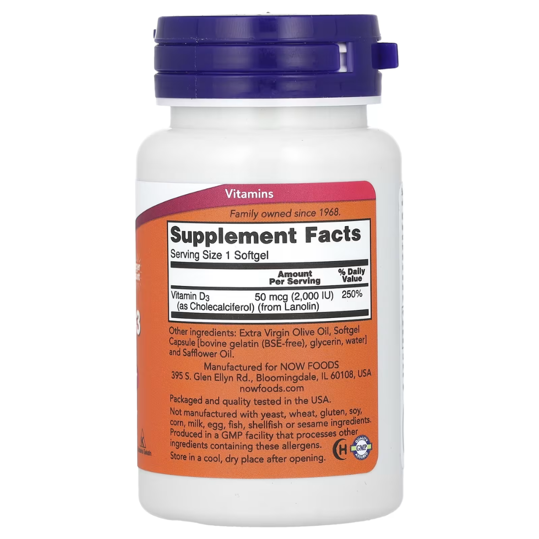 NOW Foods Vitamin D-3 400 1000 2000 5000 10000 50000 IU – Bone & Immune Support Softgels 30s to 240s D3