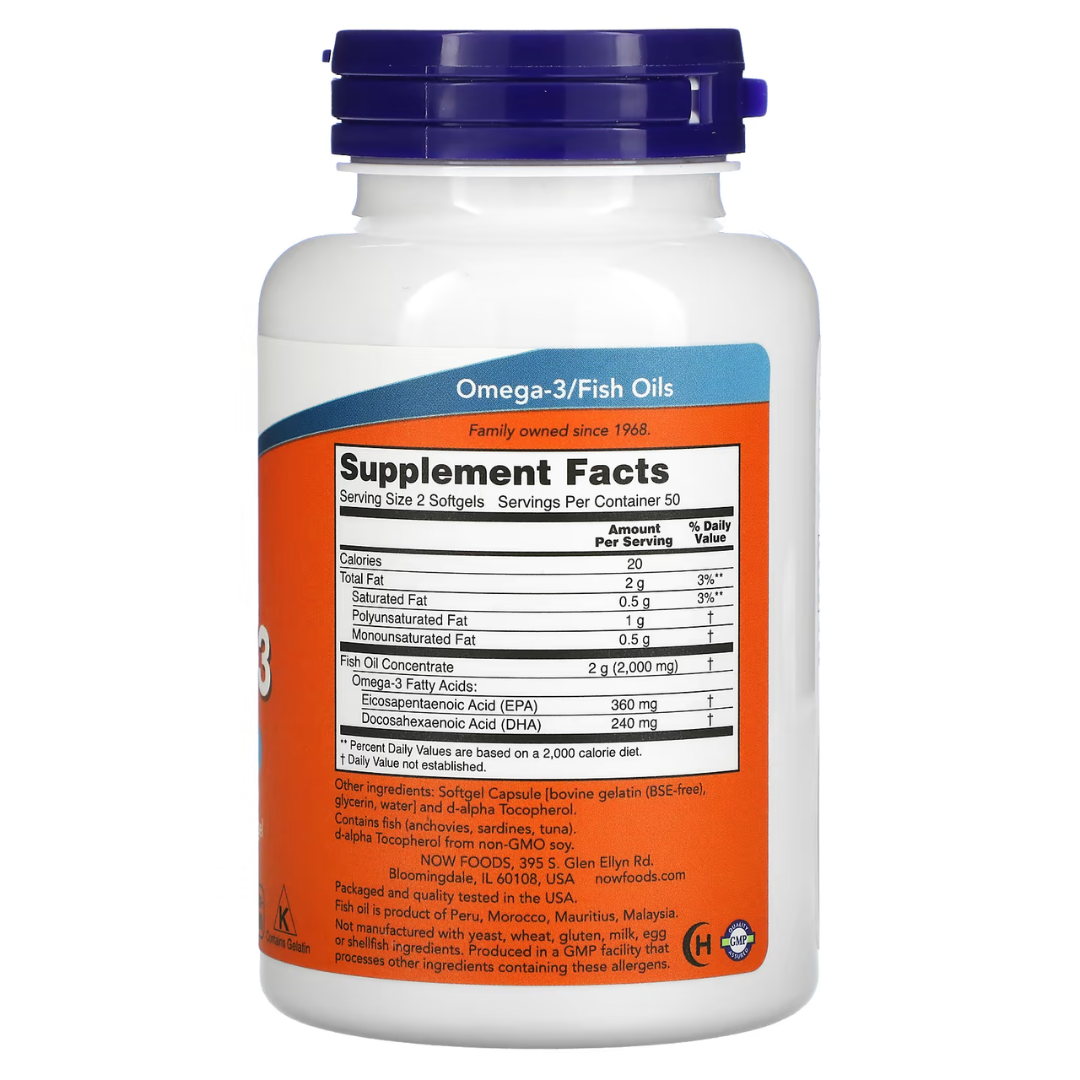 NOW Omega-3 Fish Oil 1000–2000mg | EPA / DHA | 30–500 sg - Heart & Brain Support - Enteric Coated