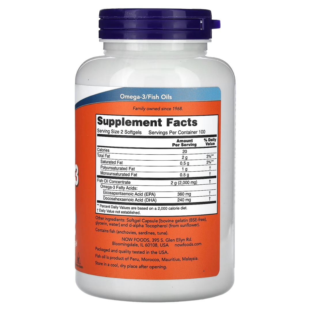 NOW Omega-3 Fish Oil 1000–2000mg | EPA / DHA | 30–500 sg - Heart & Brain Support - Enteric Coated