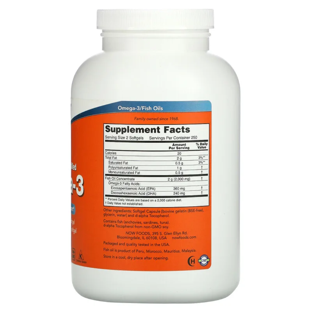 NOW Omega-3 Fish Oil 1000–2000mg | EPA / DHA | 30–500 sg - Heart & Brain Support - Enteric Coated