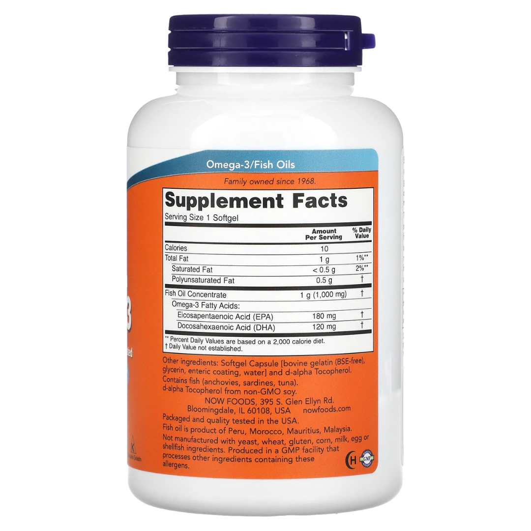 NOW Omega-3 Fish Oil 1000–2000mg | EPA / DHA | 30–500 sg - Heart & Brain Support - Enteric Coated