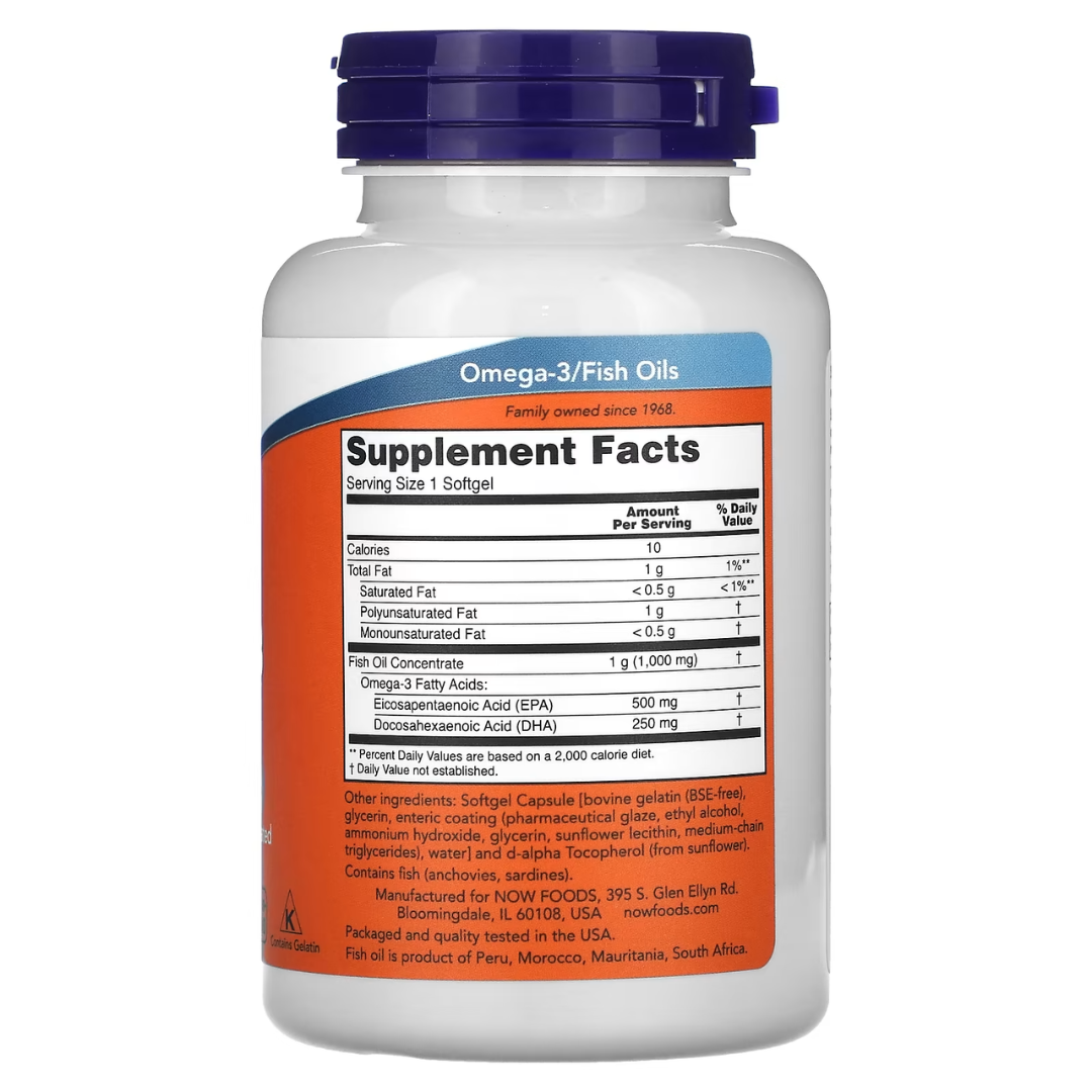 NOW Omega-3 Fish Oil 1000–2000mg | EPA / DHA | 30–500 sg - Heart & Brain Support - Enteric Coated