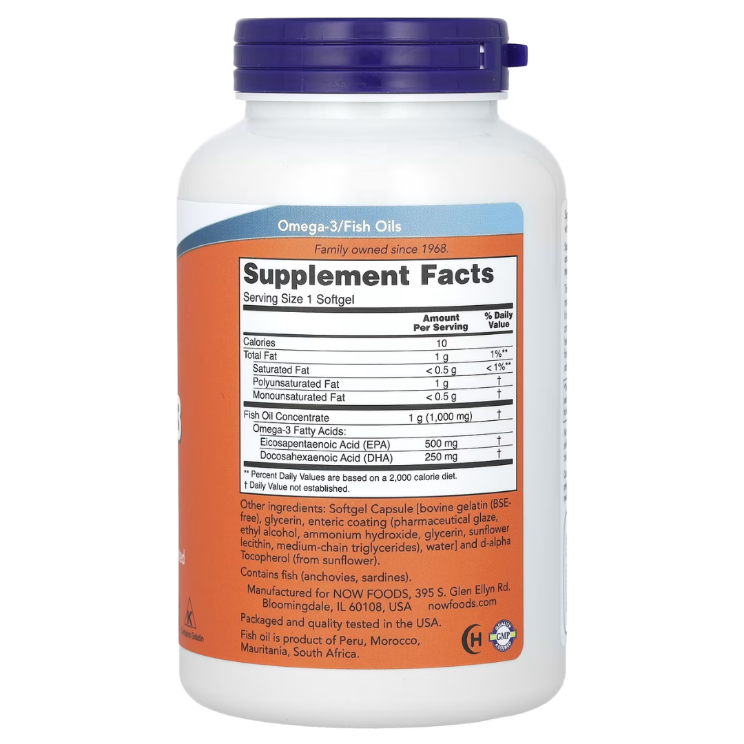 NOW Omega-3 Fish Oil 1000–2000mg | EPA / DHA | 30–500 sg - Heart & Brain Support - Enteric Coated