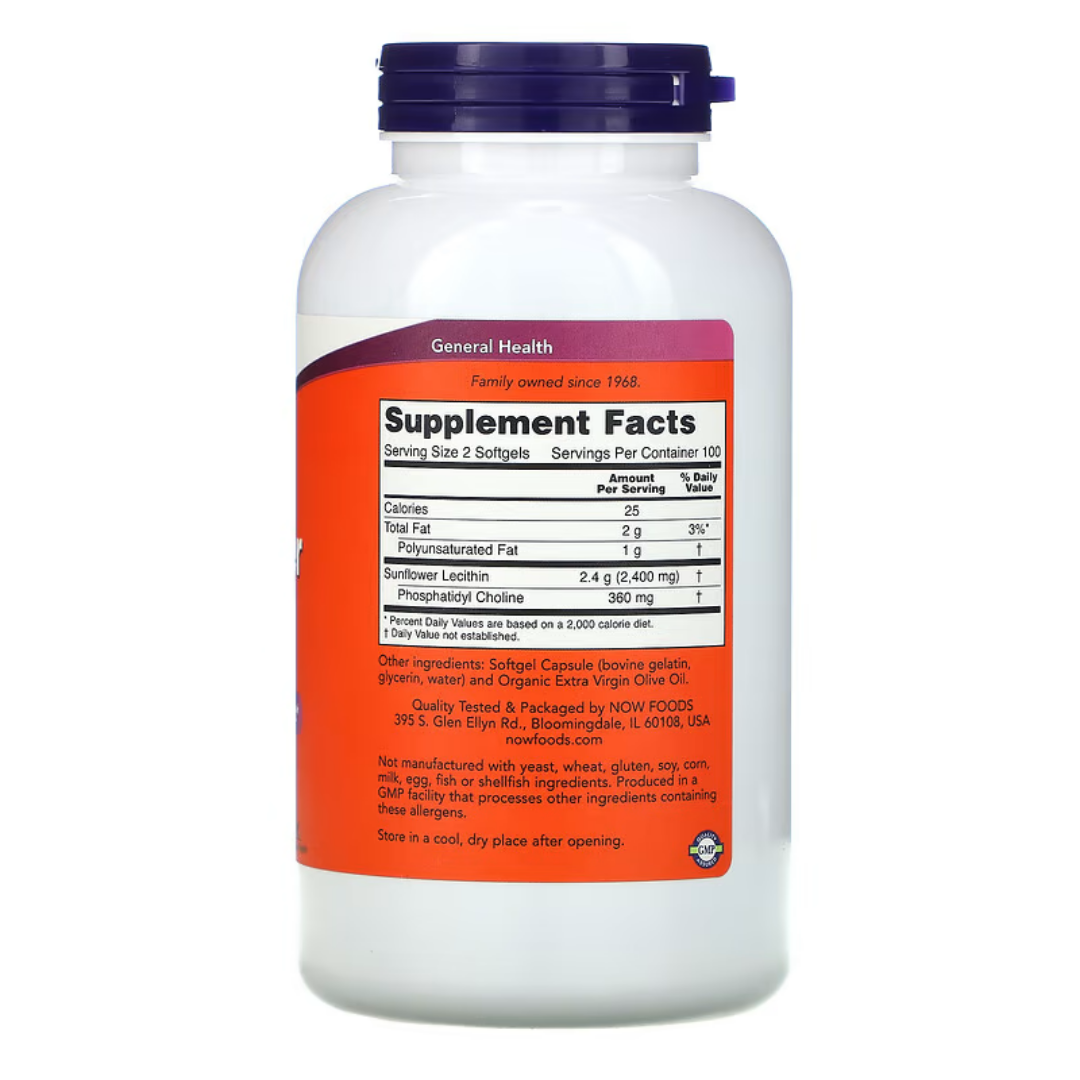 NOW Foods Sunflower Lecithin Pure Powder 1 lb 454 g / 1200 mg 200 Softgels